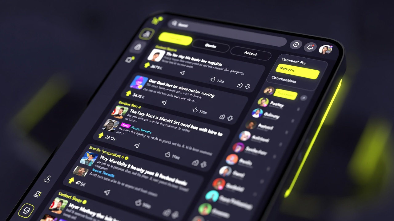 [16:9] Social media interface for memes + Feed showing memes with upvotes, comments, user profiles + Modern app UI design, dark theme, gamified interface + Neon lighting, cyber yellow highlights, dark background + Wide angle, screen composition, app mockup style + High quality, detailed UI design, modern social platform