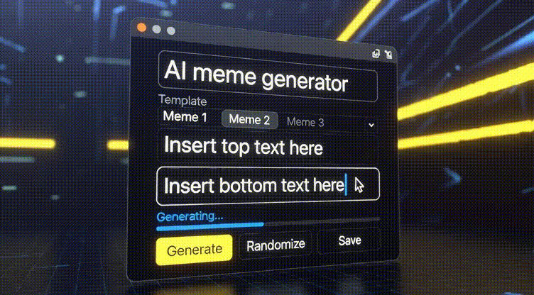 [16:9] AI interface creating memes + Screen showing meme generator with text overlay, modern UI + Digital art style, tech aesthetic, dark theme + Neon lighting, cyber yellow and dark background, high contrast + Wide angle, screen composition, centered UI + 4K resolution, detailed, modern digital art