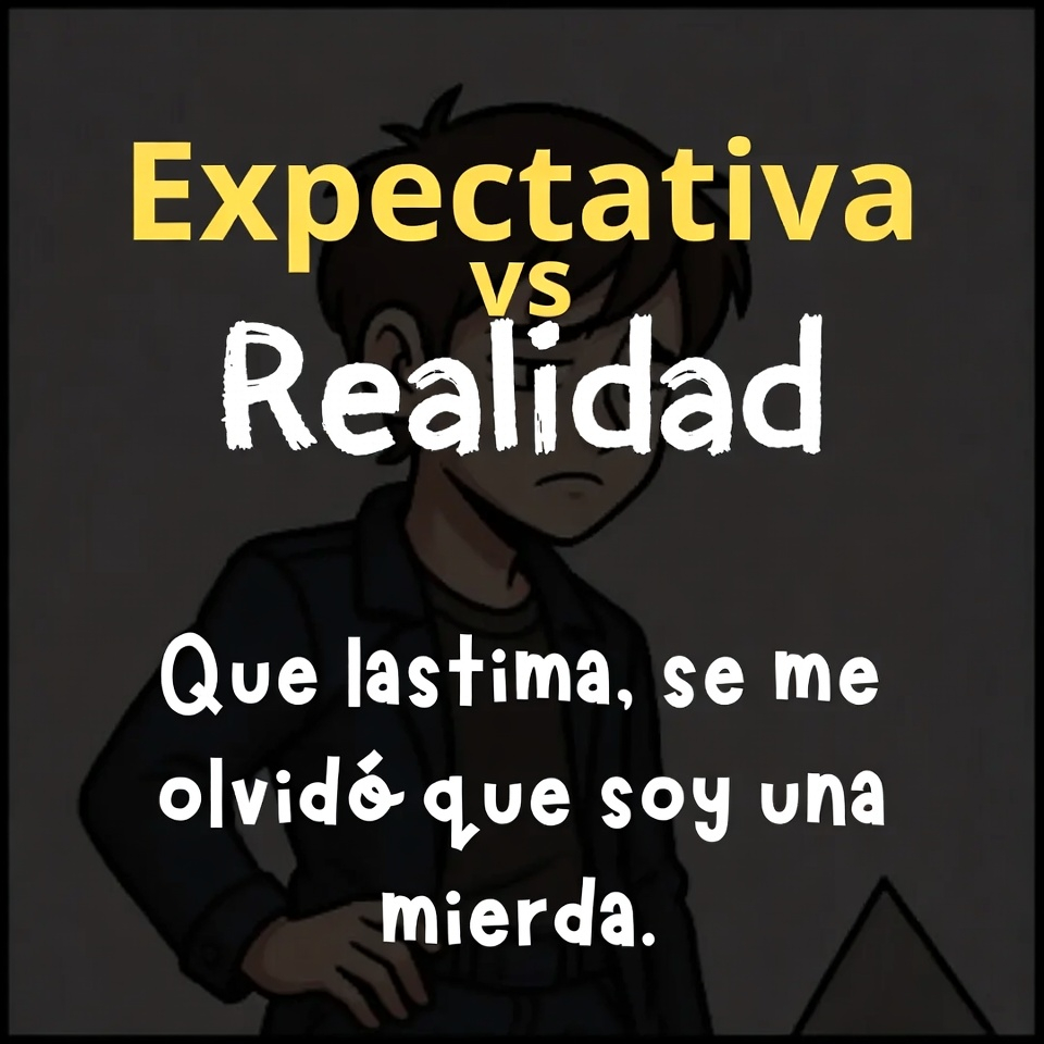 [1:1] Humorous meme poster + Expectativa vs Realidad text overlay, disappointed character + Meme style, bold typography, dark humor aesthetic + High contrast lighting, dark background, yellow accents + Square format, centered composition, meme template style + High quality, viral meme design, professional meme art